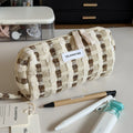 ISLANDFISH Knitted Pen Pouch | Large Capacity Aesthetic “In-Style” Look, Korean/Japanese Vibe, Mesh Compartments for Gifting - Wabi-Sabi White Brown