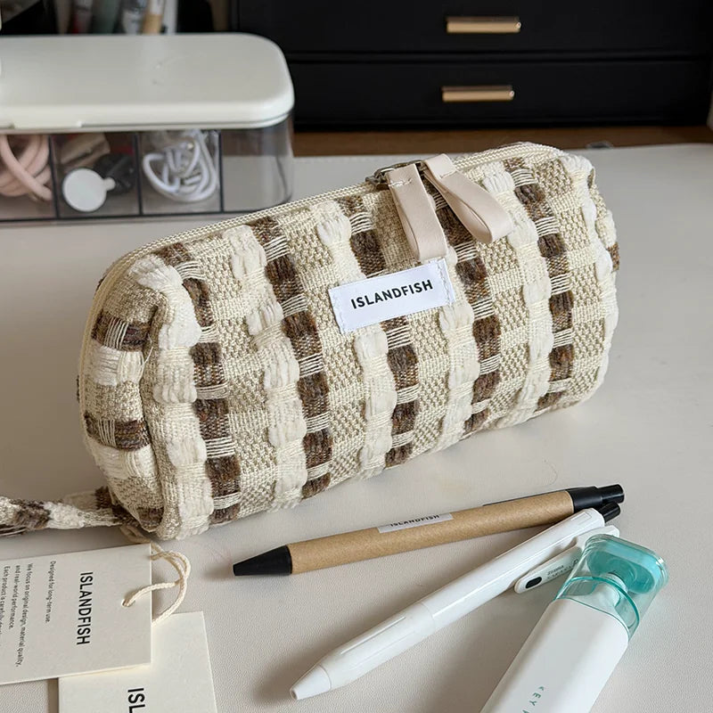 ISLANDFISH Knitted Pen Pouch | Large Capacity Aesthetic “In-Style” Look, Korean/Japanese Vibe, Mesh Compartments for Gifting - Wabi-Sabi White Brown