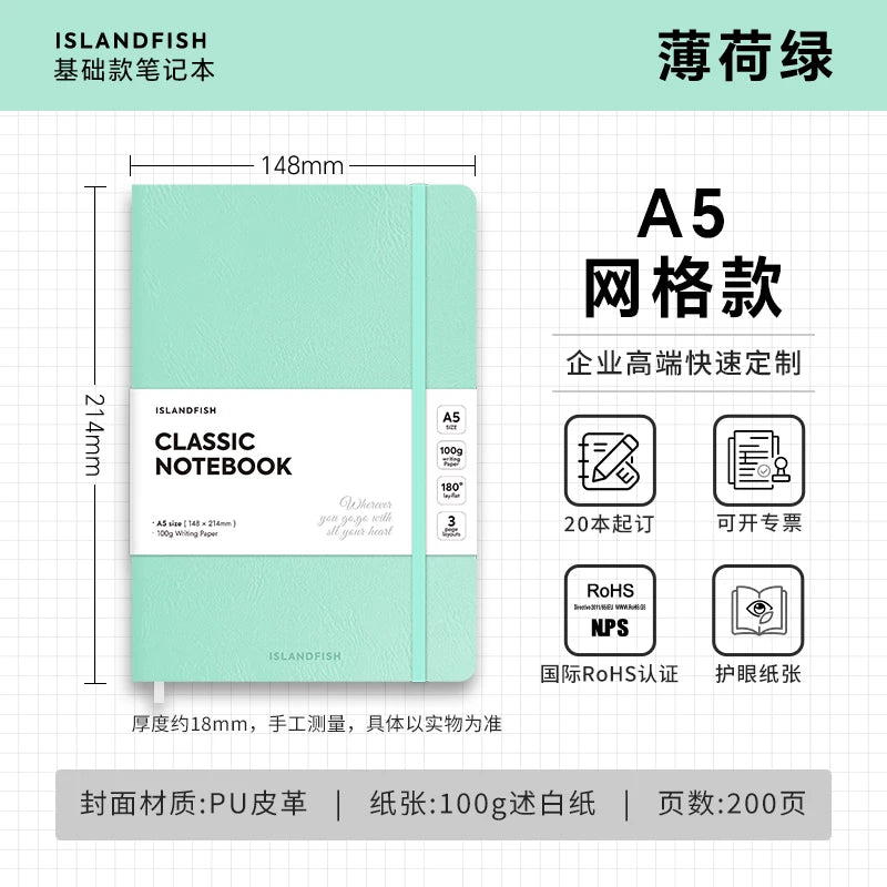 ISLANDFISH A5 Strap Notebook, Leather Cover, Custom Logo, Business Notebook with Blank, Lined & Grid Pages - Mint Green A5 Grid