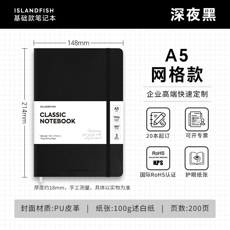 ISLANDFISH A5 Strap Notebook, Leather Cover, Custom Logo, Business Notebook with Blank, Lined & Grid Pages - Midnight Black A5 Grid