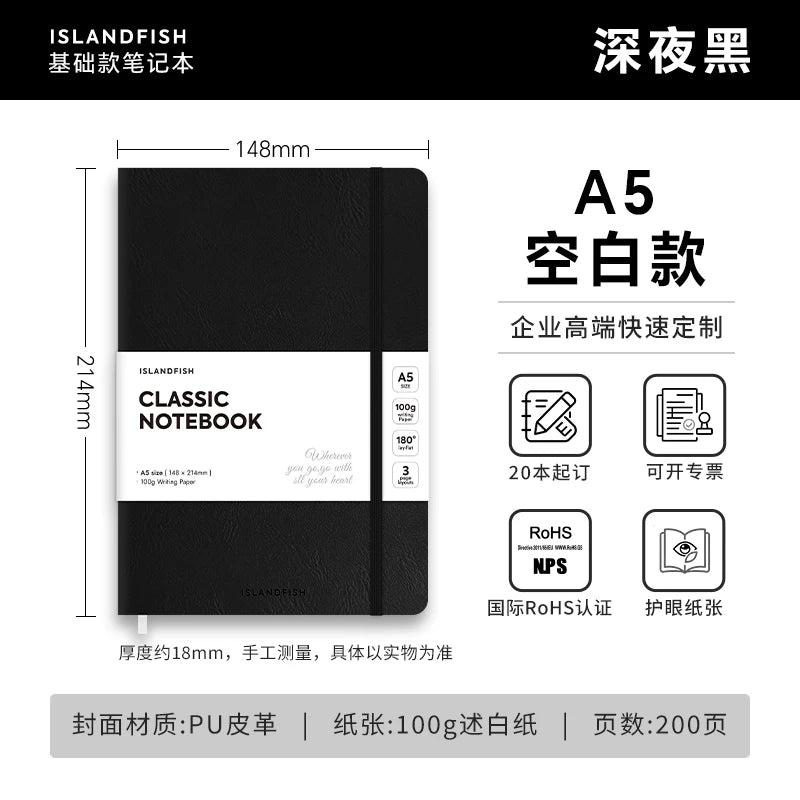 ISLANDFISH A5 Strap Notebook, Leather Cover, Custom Logo, Business Notebook with Blank, Lined & Grid Pages - Midnight Black A5 Blank