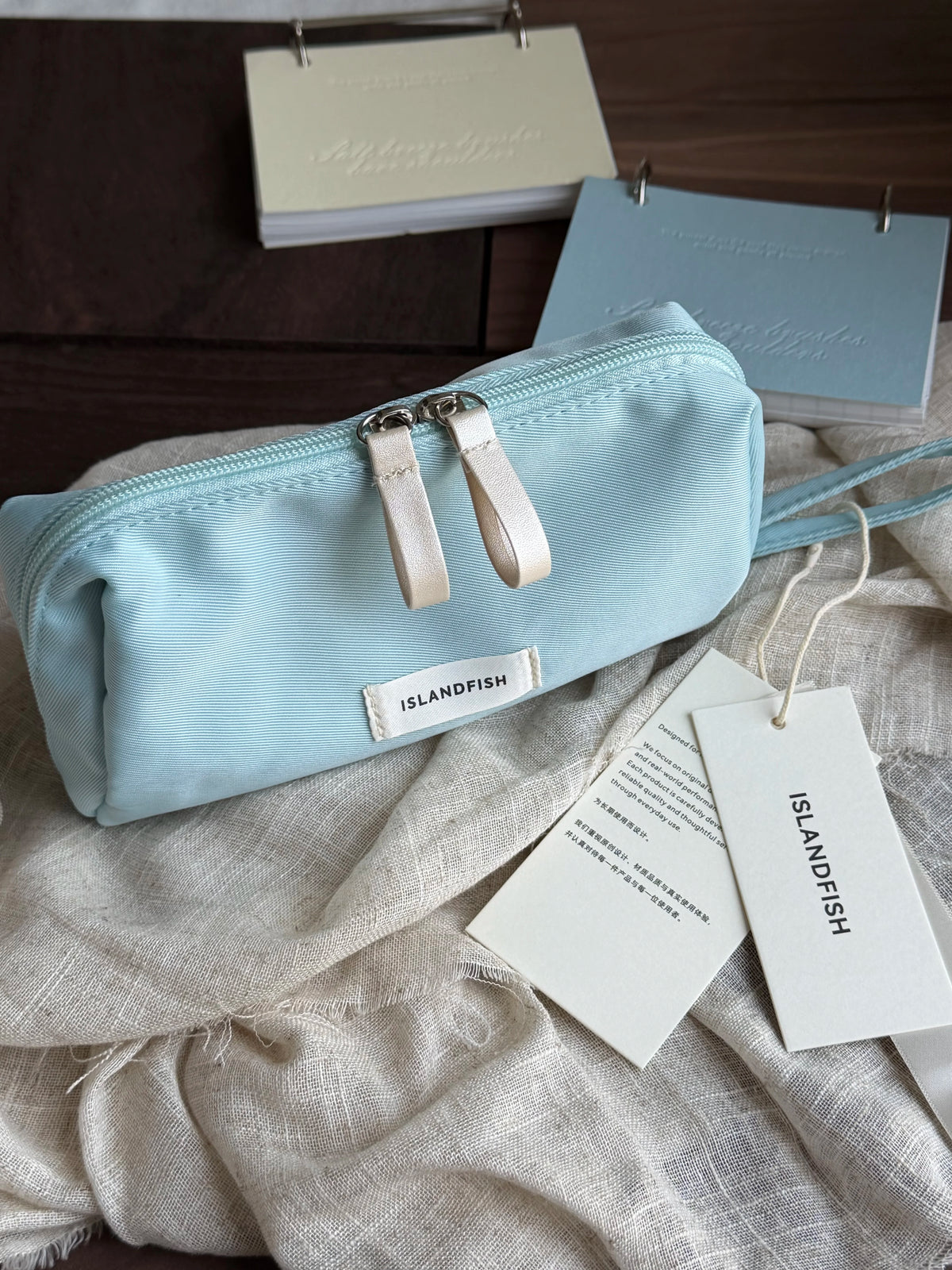 ISLANDFISH Flawless Style Minimalist Korean Aesthetic Waterproof Nylon Large-Capacity Pen Pouch, Stationery & Makeup Bag - Soft Summer Blue