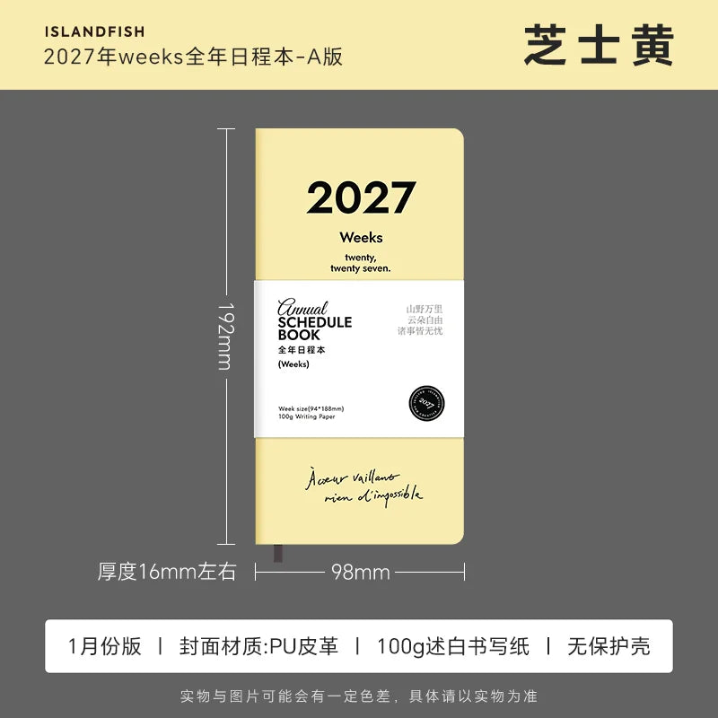 ISLANDFISH 2027 Full-Year Multifunctional Weekly Time Management Planner - Cheese Yellow (Jan 1) A, No Case