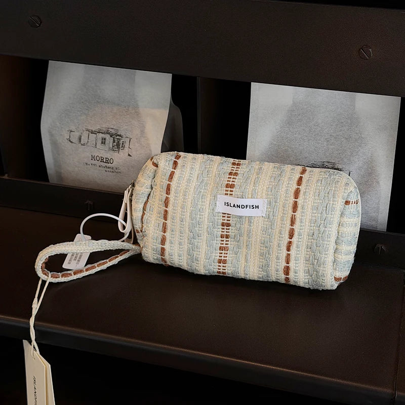ISLANDFISH Knitted Pen Pouch | Large Capacity Aesthetic “In-Style” Look, Korean/Japanese Vibe, Mesh Compartments for Gifting - Mousse Milk Blue
