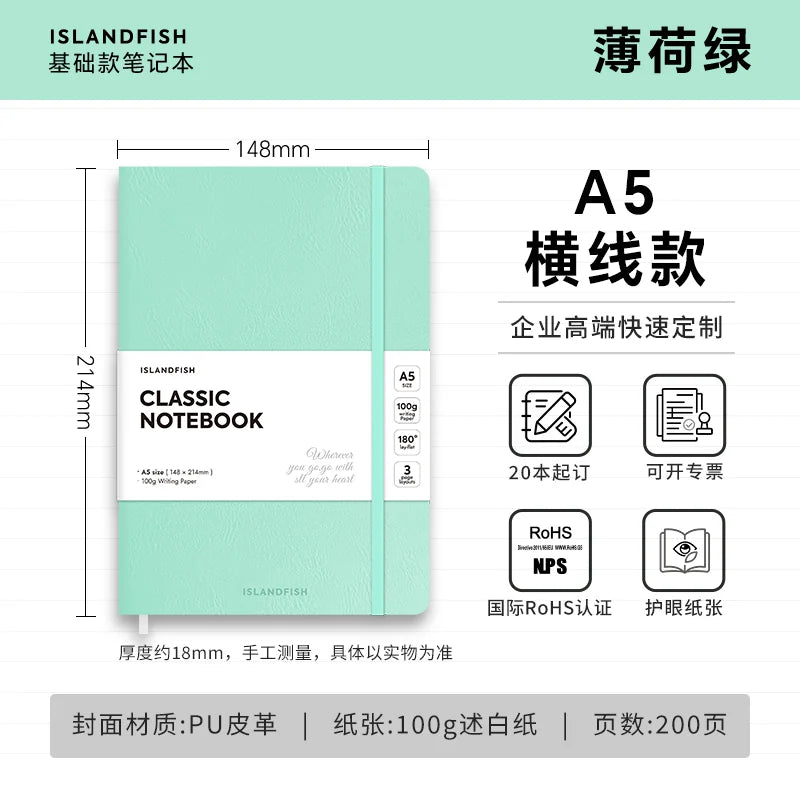 ISLANDFISH A5 Strap Notebook, Leather Cover, Custom Logo, Business Notebook with Blank, Lined & Grid Pages - Mint Green A5 Lined