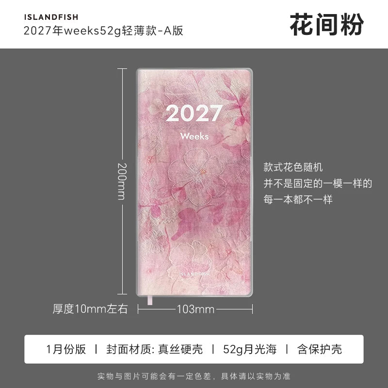 SLANDFISH 52g Ultra-thin 2027 Full-year Multi-functional Weeks Time Management Planner - Blossom Pink Silk Limited A Oct