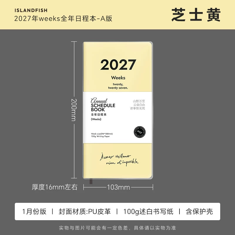 ISLANDFISH 2027 Full-Year Multifunctional Weekly Time Management Planner - Cheese Yellow (Jan 1) A, With Case