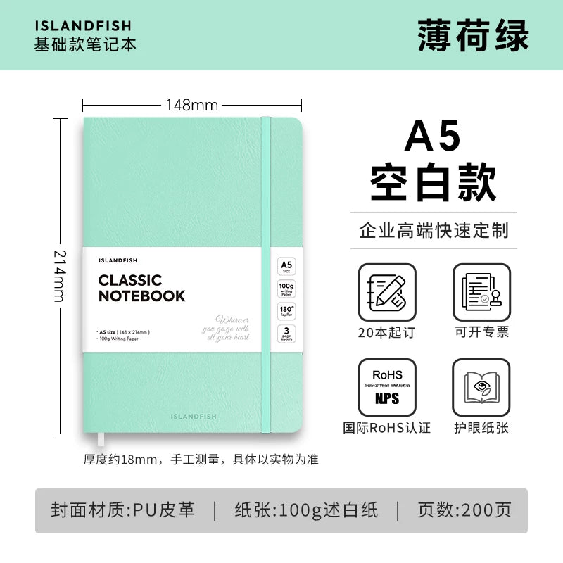 ISLANDFISH A5 Strap Notebook, Leather Cover, Custom Logo, Business Notebook with Blank, Lined & Grid Pages - Mint Green A5 Blank